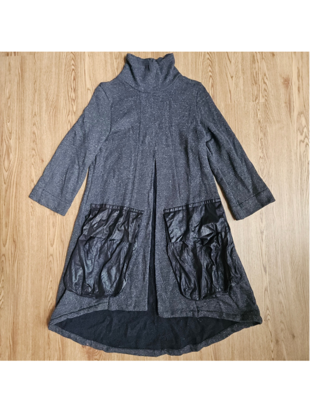 Alembika Heathered Charcoal Split Front High Neck Longline Droop Pocket Sweater